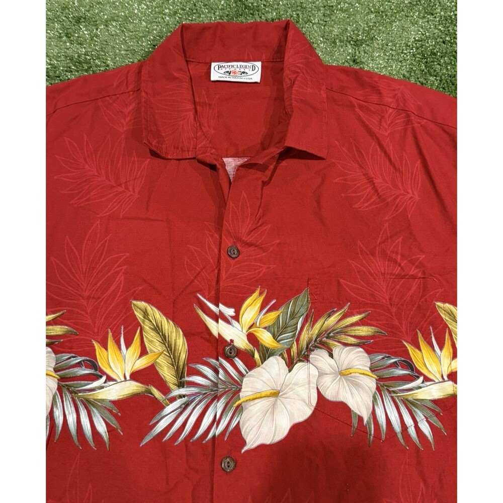 Pacific Legend Mens Aloha Shirt L Red Tropical Floral Resort Made In Hawaii USA